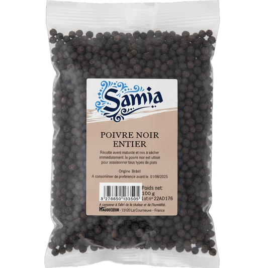 Poivre noir entier SAMIA en sachet de 100g, épice essentielle pour assaisonner tous types de plats salés. Origine Brésil, qualité épicerie fine.