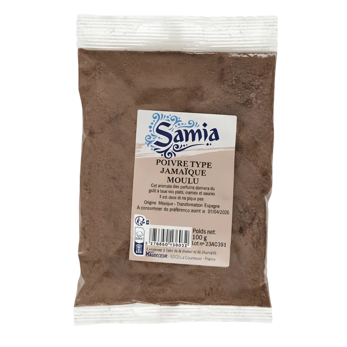 Poivre moulu type Jamaïque SAMIA en sachet de 100g, épice parfumée à texture fine pour cuisine exotique et plats mijotés.