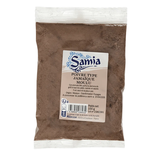 Poivre moulu type Jamaïque SAMIA en sachet de 100g, épice parfumée à texture fine pour cuisine exotique et plats mijotés.
