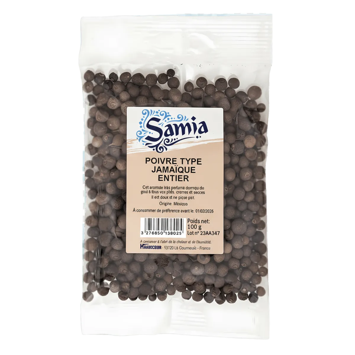 Poivre entier Jamaïque SAMIA en sachet transparent de 100g, épice aux arômes complexes pour cuisine salée ou sucrée.