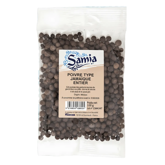 Poivre entier Jamaïque SAMIA en sachet transparent de 100g, épice aux arômes complexes pour cuisine salée ou sucrée.