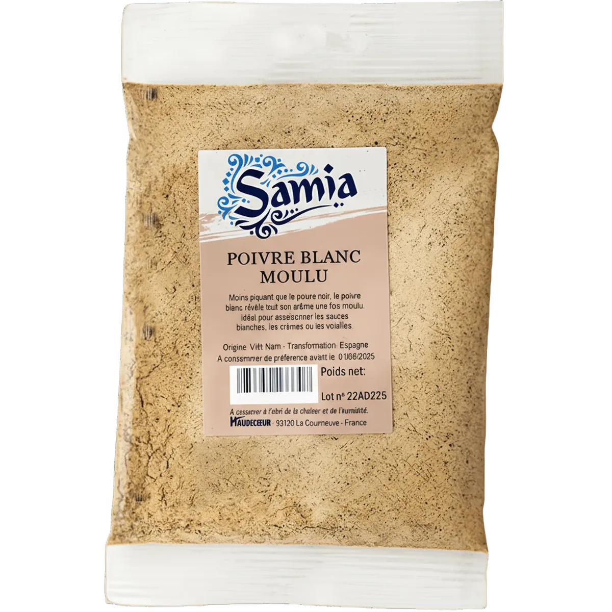 Poivre Blanc Moulu SAMIA - Goût Subtil | Épice Fine en sachet transparent de 1kg, idéal pour assaisonner sauces et plats raffinés.