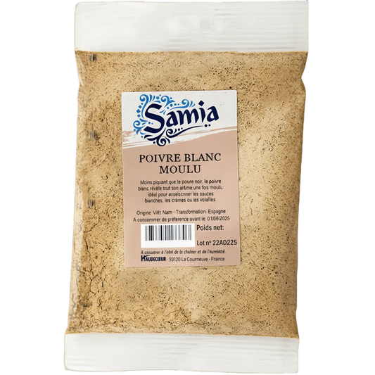 Poivre Blanc Moulu SAMIA - Goût Subtil | Épice Fine en sachet transparent de 1kg, idéal pour assaisonner sauces et plats raffinés.