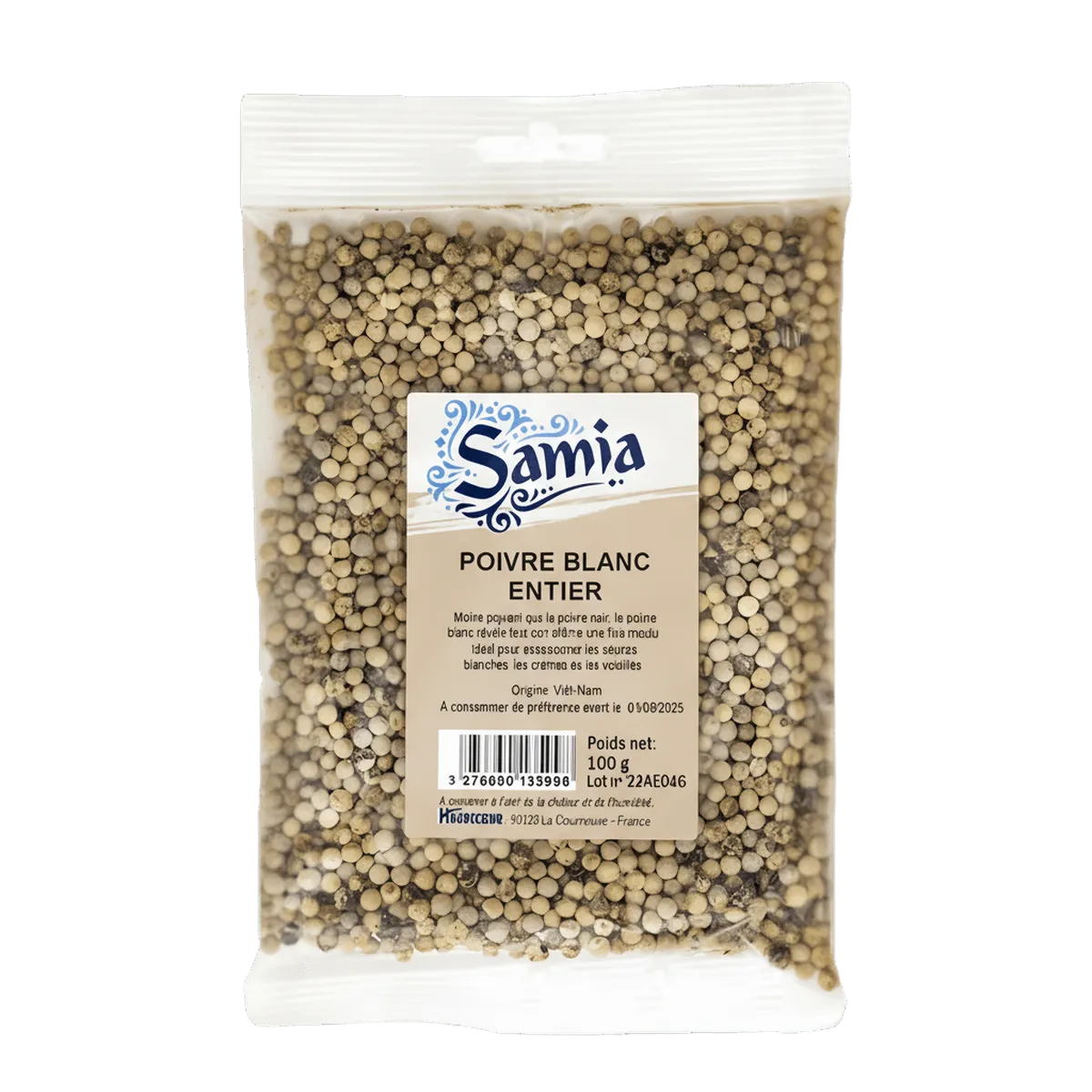 Poivre blanc entier SAMIA - Épice aromatique en sachet de 100g, idéal pour assaisonner sauces, viandes et plats mijotés.