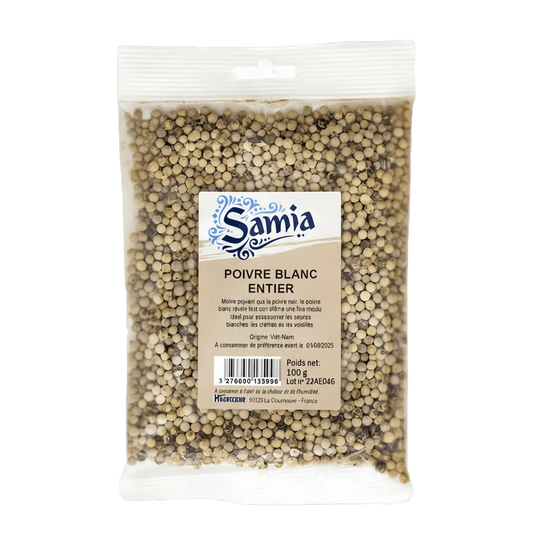 Poivre blanc entier SAMIA - Épice aromatique en sachet de 100g, idéal pour assaisonner sauces, viandes et plats mijotés.
