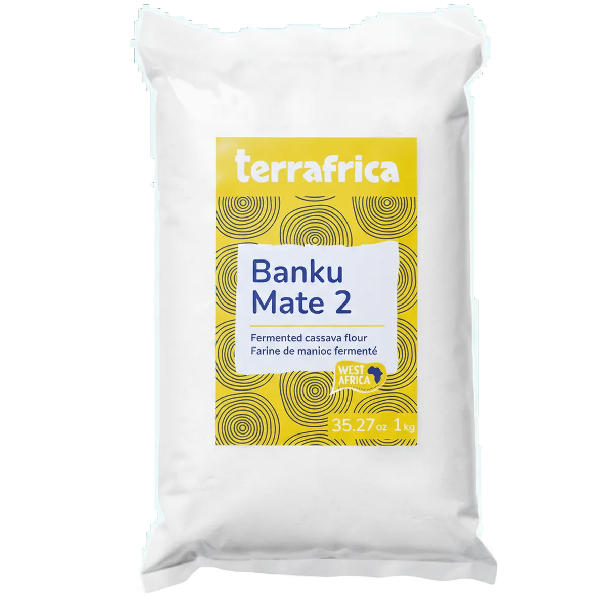 Farine de manioc fermentée Banku Mate 2 TERRAFRICA 1kg, emballage blanc avec étiquette jaune, idéale pour cuisine africaine traditionnelle.