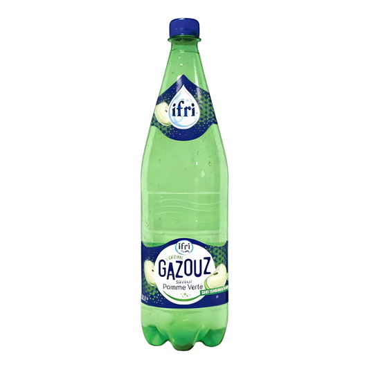 Bouteille de Soda Pomme Verte IFRI GAZOUZ 1L, boisson gazeuse fruitée et rafraîchissante, idéale pour les amateurs de sodas acidulés.
