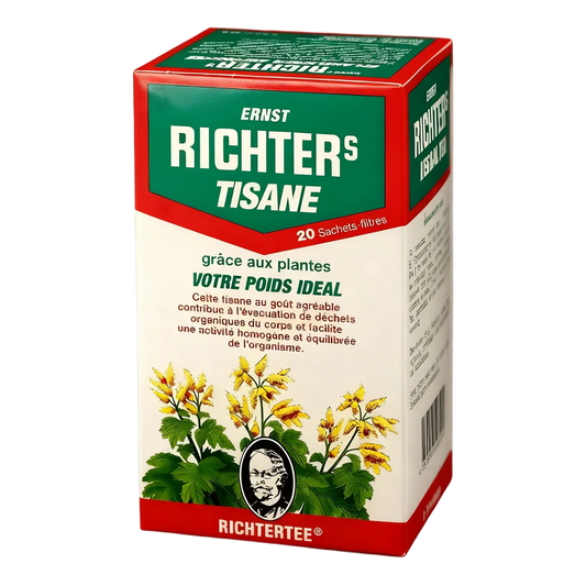 Boîte de tisane rhubarbe RICHTER avec 20 sachets, infusion apaisante à base de plantes pour une pause détente. Idéale pour le bien-être digestif.