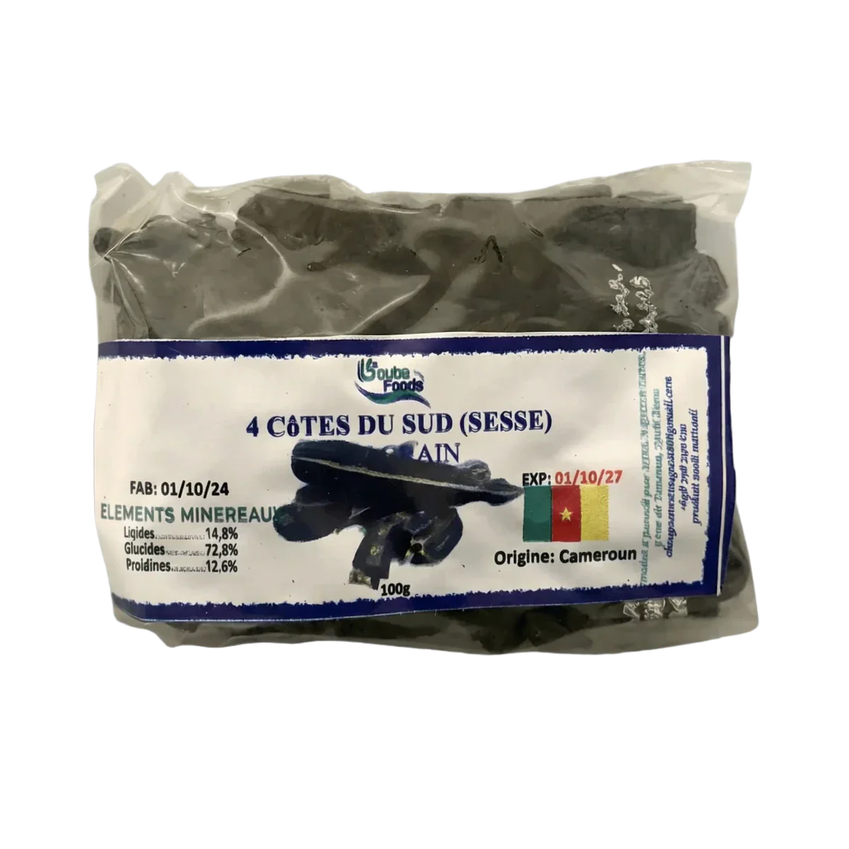Sachet d'épices 4 Côtés du Sud (Essessè) de Goubeds Foods: épices noires emballées.