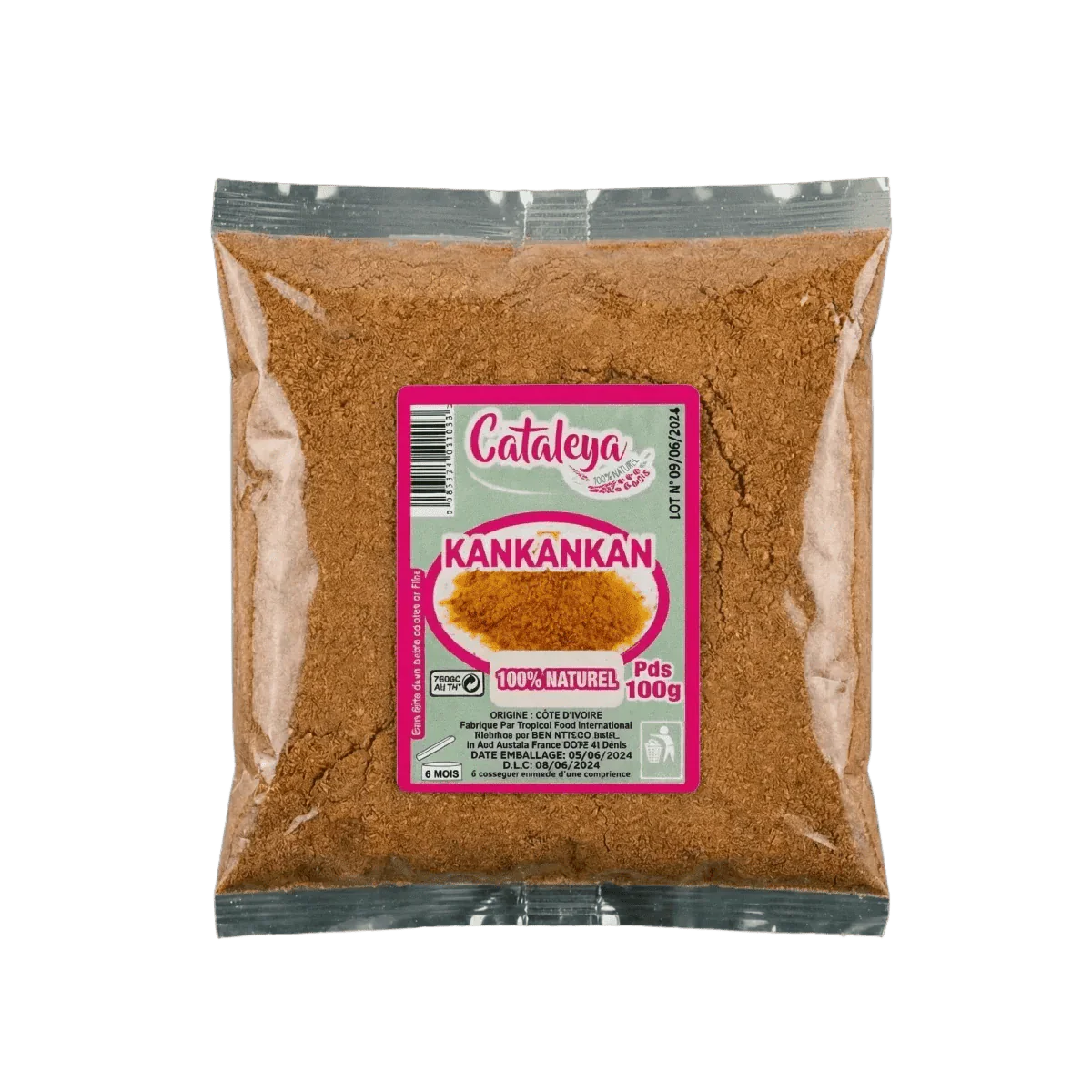 Bolsa de especias Kankan CATALEYA. Empaque de plástico transparente con etiqueta rosa y verde.