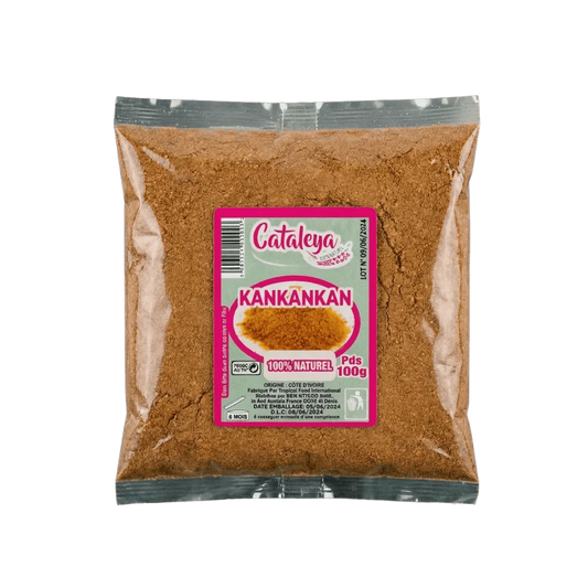 Bolsa de especias Kankan CATALEYA. Empaque de plástico transparente con etiqueta rosa y verde.