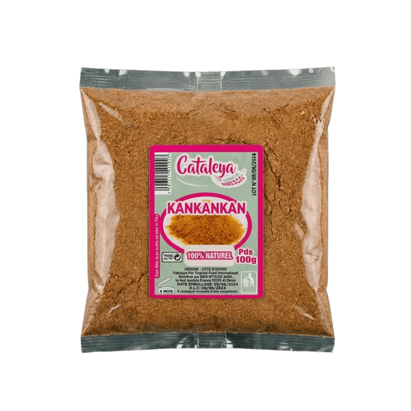 Sachet d'épice Kankan CATALEYA. Emballage plastique transparent avec étiquette rose et verte.