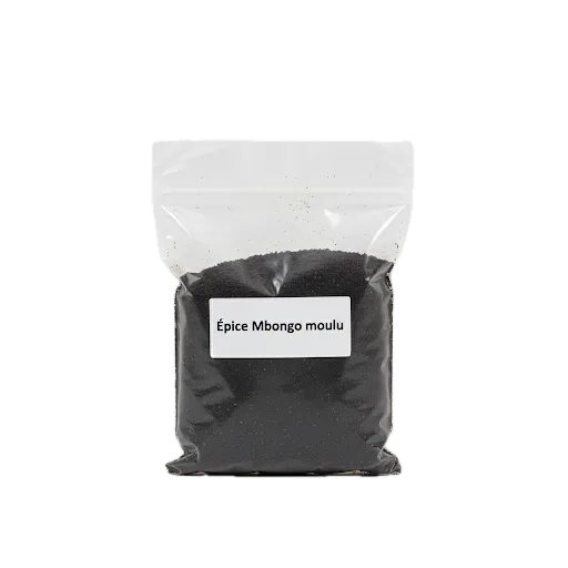Sachet d'épice Mbongo moulu Cameroun avec étiquette, saveur intense pour cuisine africaine traditionnelle. Épicerie salée authentique.