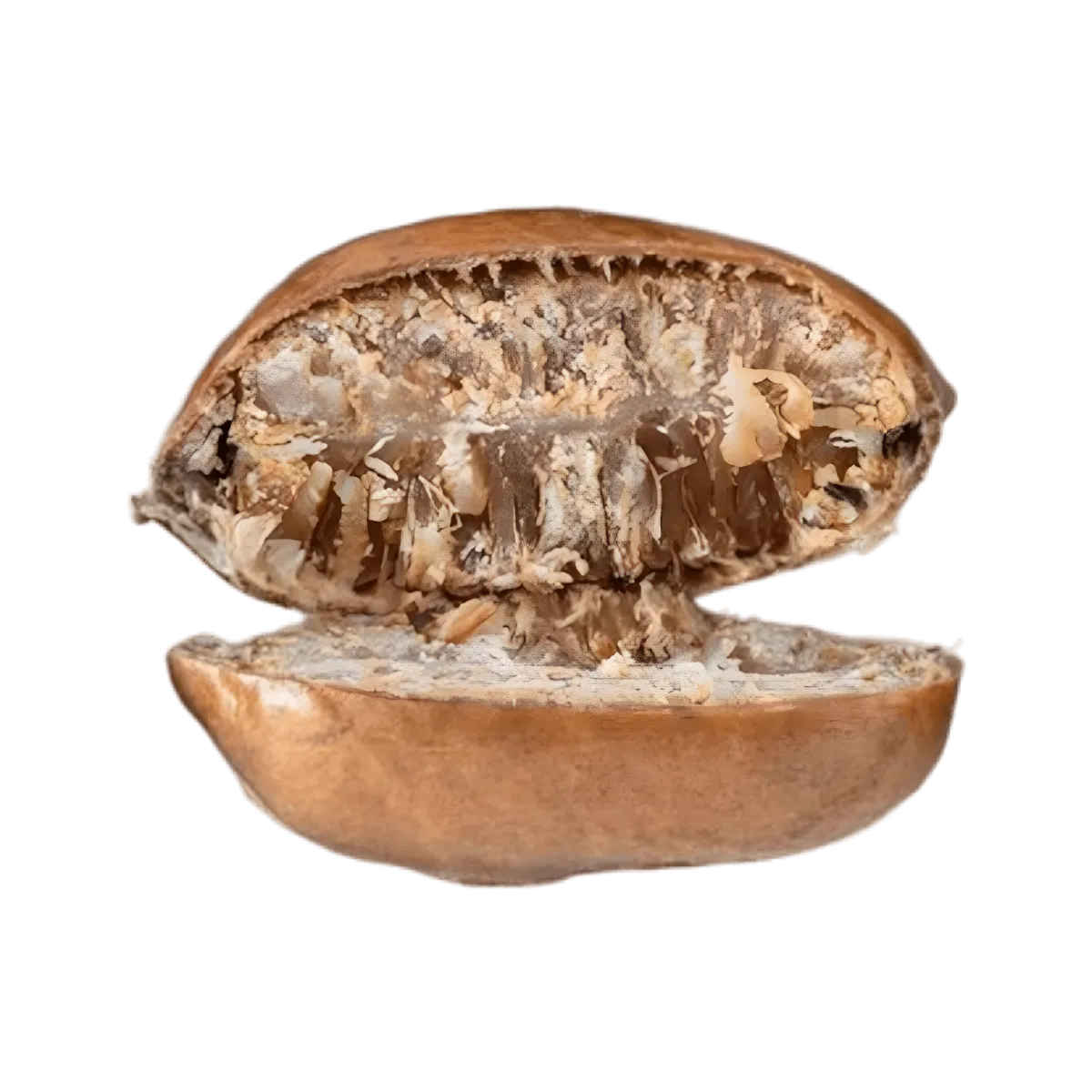 Gros plan d’un grain de pépé entier ouvert, révélant sa texture fibreuse et son arôme intense, utilisé comme épice traditionnelle.