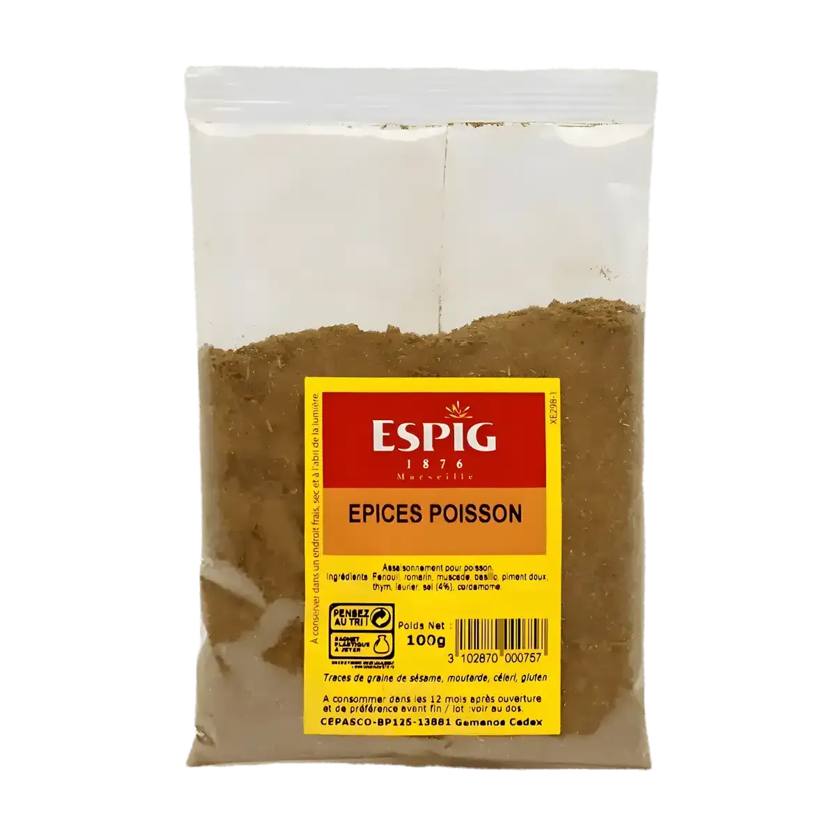 Sachet d'épice poisson ESPIG 100g, mélange authentique pour sublimer les plats de poisson, en épicerie salée de qualité supérieure.