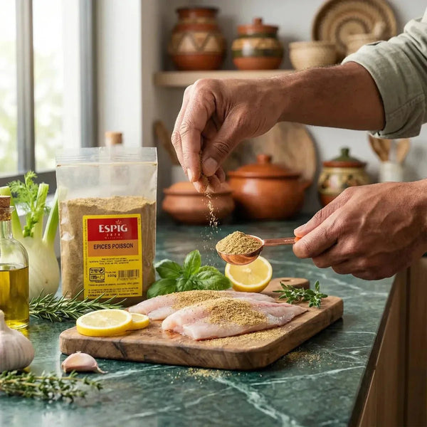Fischgewürz ESPIG auf Fischfilets gestreut, mit Zitrone und Kräutern.