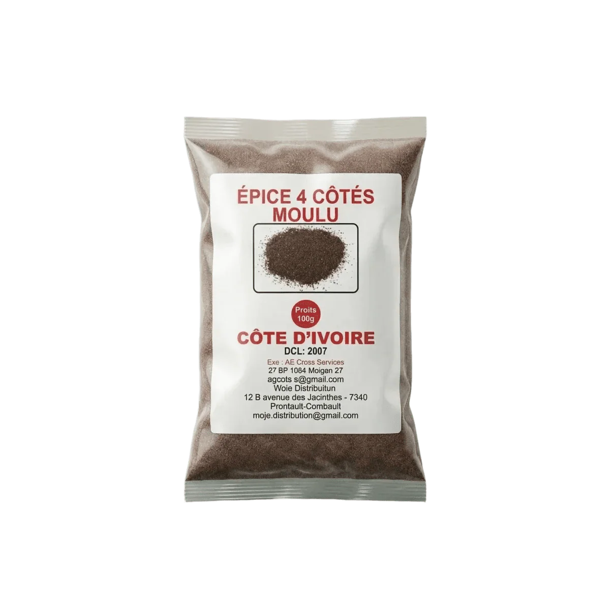 Sachet d'épice Quatre Côtés Moulue Côte d'Ivoire, 100g. Zoom sur l'emballage sur fond vert.