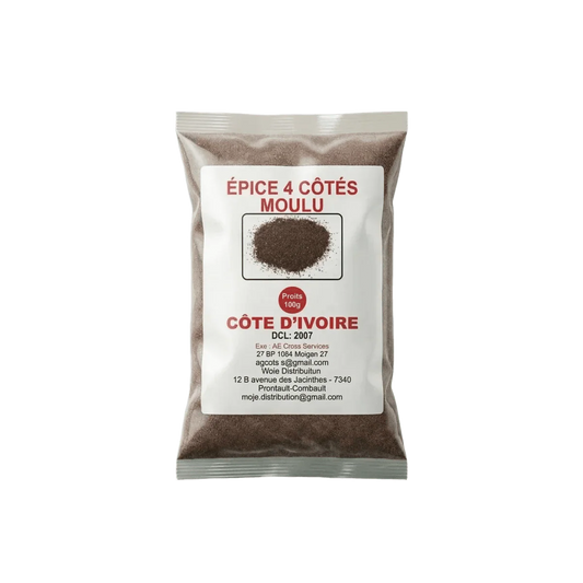 Sachet d'épice Quatre Côtés Moulue Côte d'Ivoire, 100g. Zoom sur l'emballage sur fond vert.