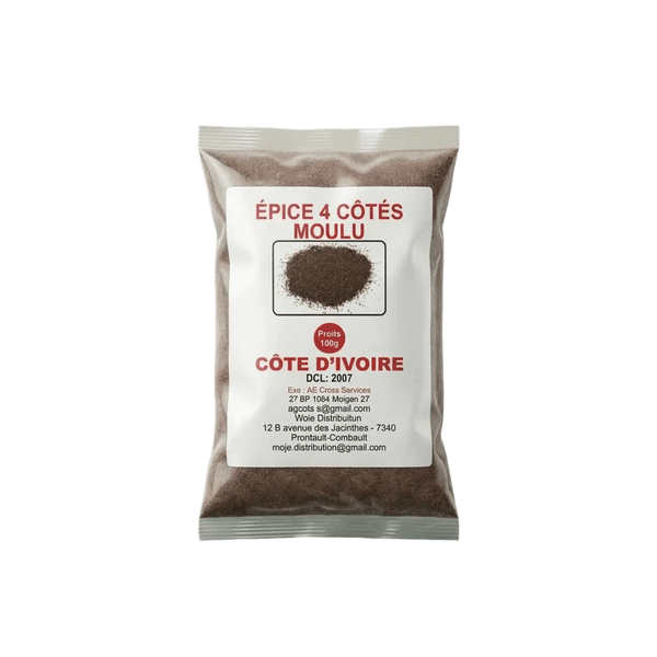 Sachet d'épice Quatre Côtés Moulue Côte d'Ivoire, 100g. Zoom sur l'emballage sur fond vert.