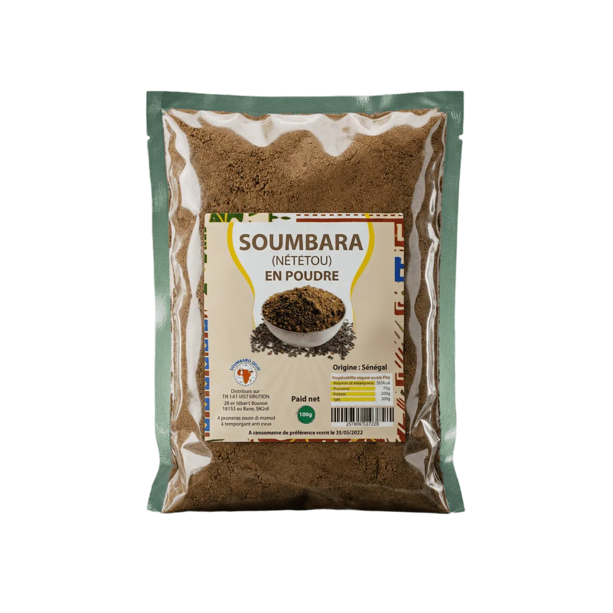 Soumbara-kruid (Nétéou) poeder NUMBER ONE. Verzegeld zakje gevuld met bruine poeder.