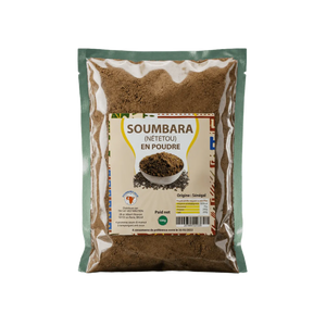 Soumbara-kruid (Nétéou) poeder NUMBER ONE. Verzegeld zakje gevuld met bruine poeder.