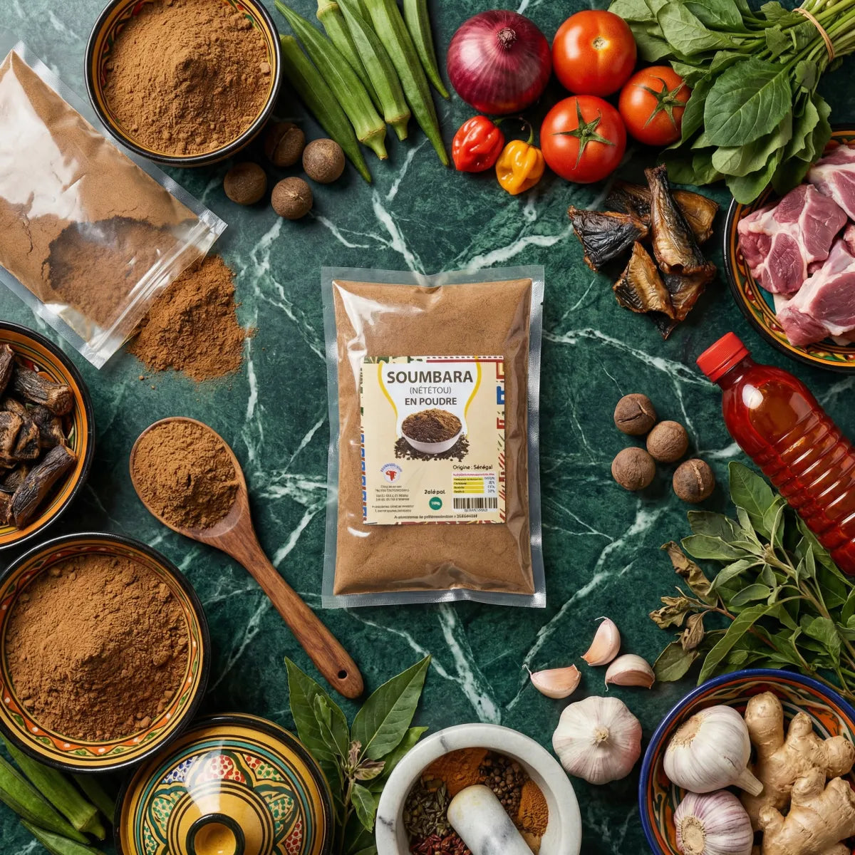 Soumbara Spice / Powdered Nététou (100g) NUMBER ONE surrounded by fresh ingredients: vegetables.
