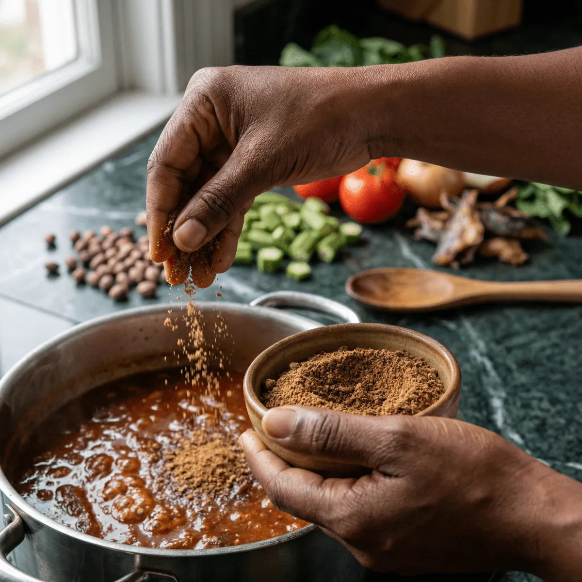 Soumbara / Nététou NUMBER ONE Spice. Preparing a dish.