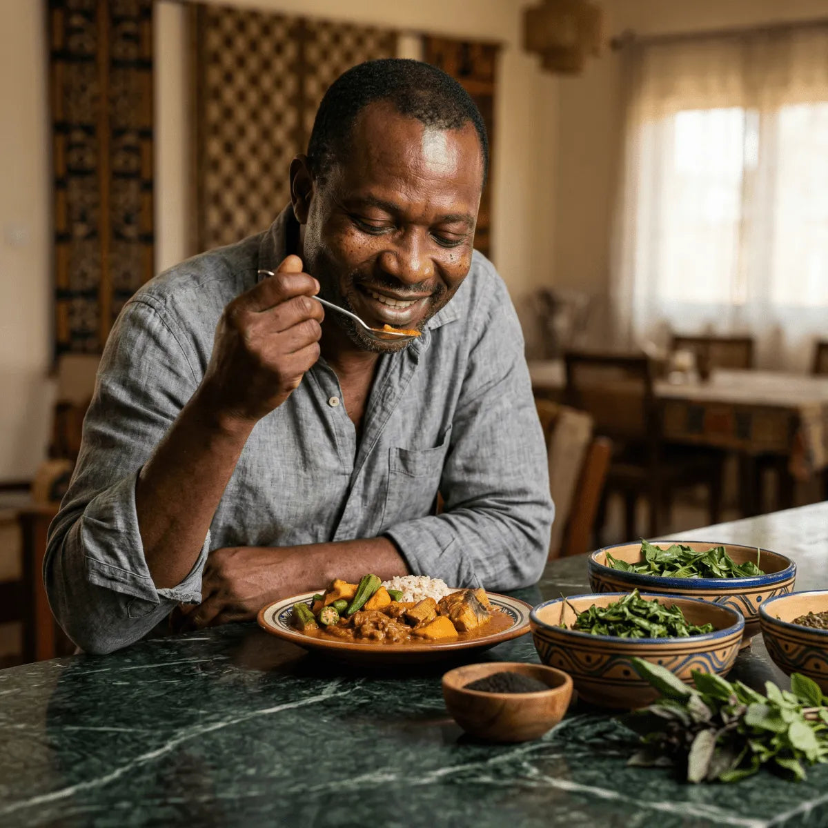 NUMBER ONE Soumbara Spice: Man enjoying an exotic dish.