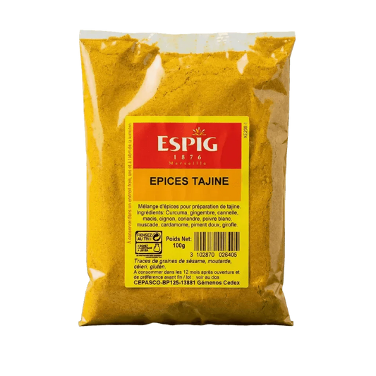 Sachet d'épices Tajine ESPIG 100g. Gros plan sur l'emballage jaune.