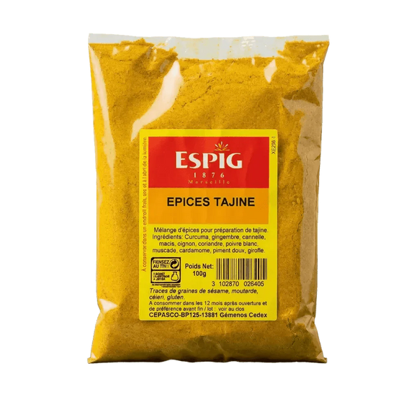Sachet d'épices Tajine ESPIG 100g. Gros plan sur l'emballage jaune.