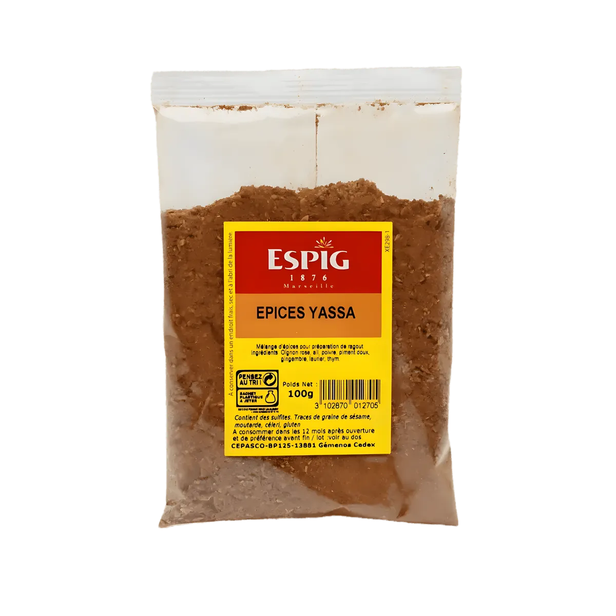 Épice Yassa ESPIG en sachet de 100g, mélange d'épices pour cuisine africaine, idéal pour plats yassa. Saveurs uniques pour épicerie salée.