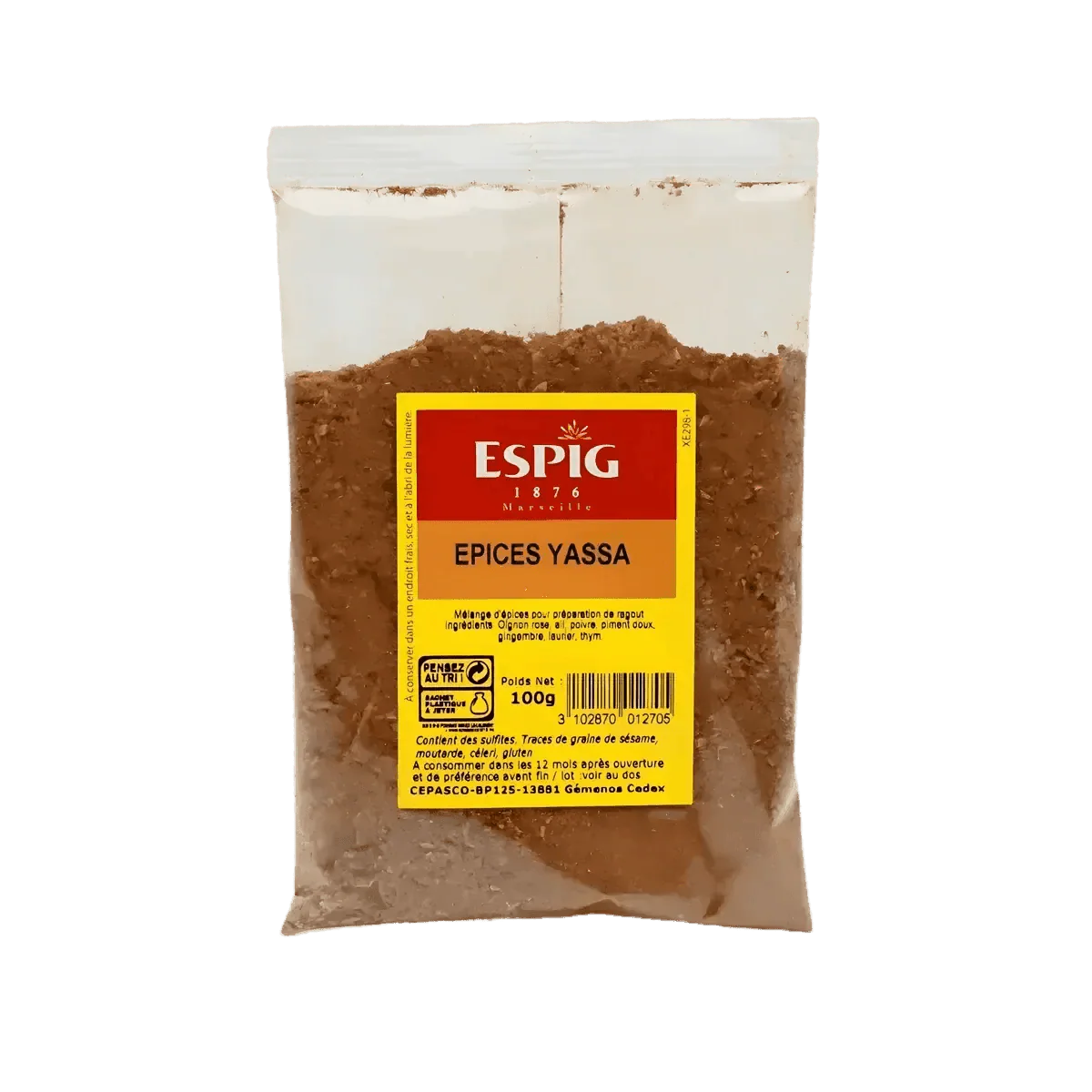 Bolsa de especias Yassa ESPIG, 100g. Primer plano de la bolsa de especias sobre fondo verde.