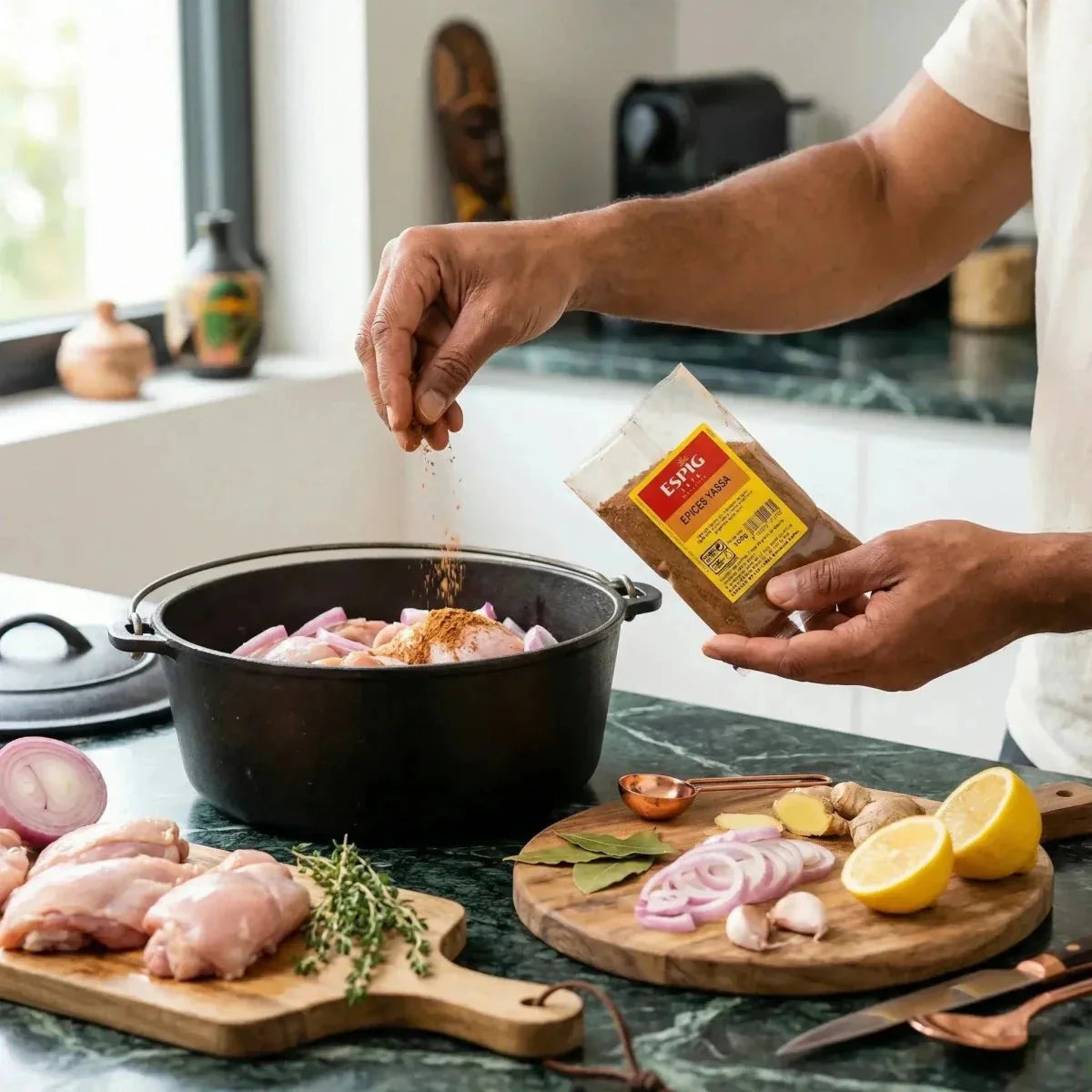 Yassa Spices ESPIG. Preparation of a dish with chicken, onions, and spices.