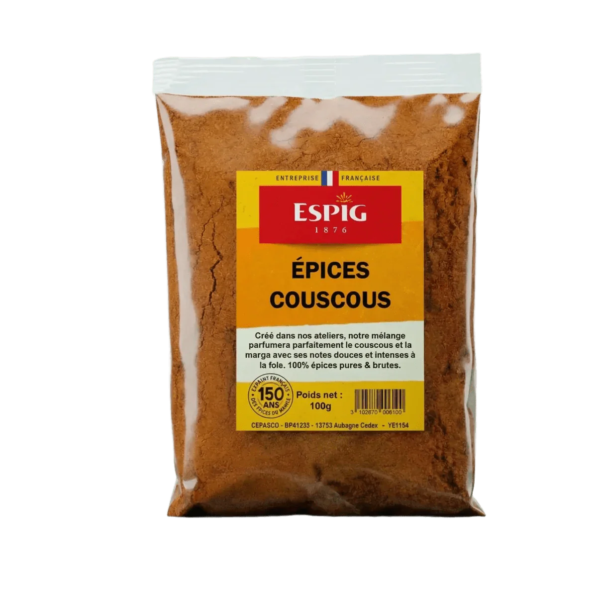 Packet of Couscous spices ESPIG, French company. Close-up of the product.