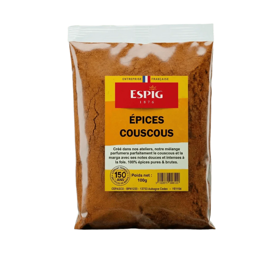 Packet of Couscous spices ESPIG, French company. Close-up of the product.