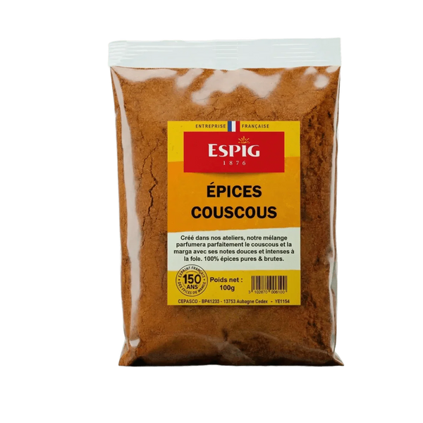 Sachet d'épices Couscous ESPIG, entreprise française. Gros plan sur le produit.