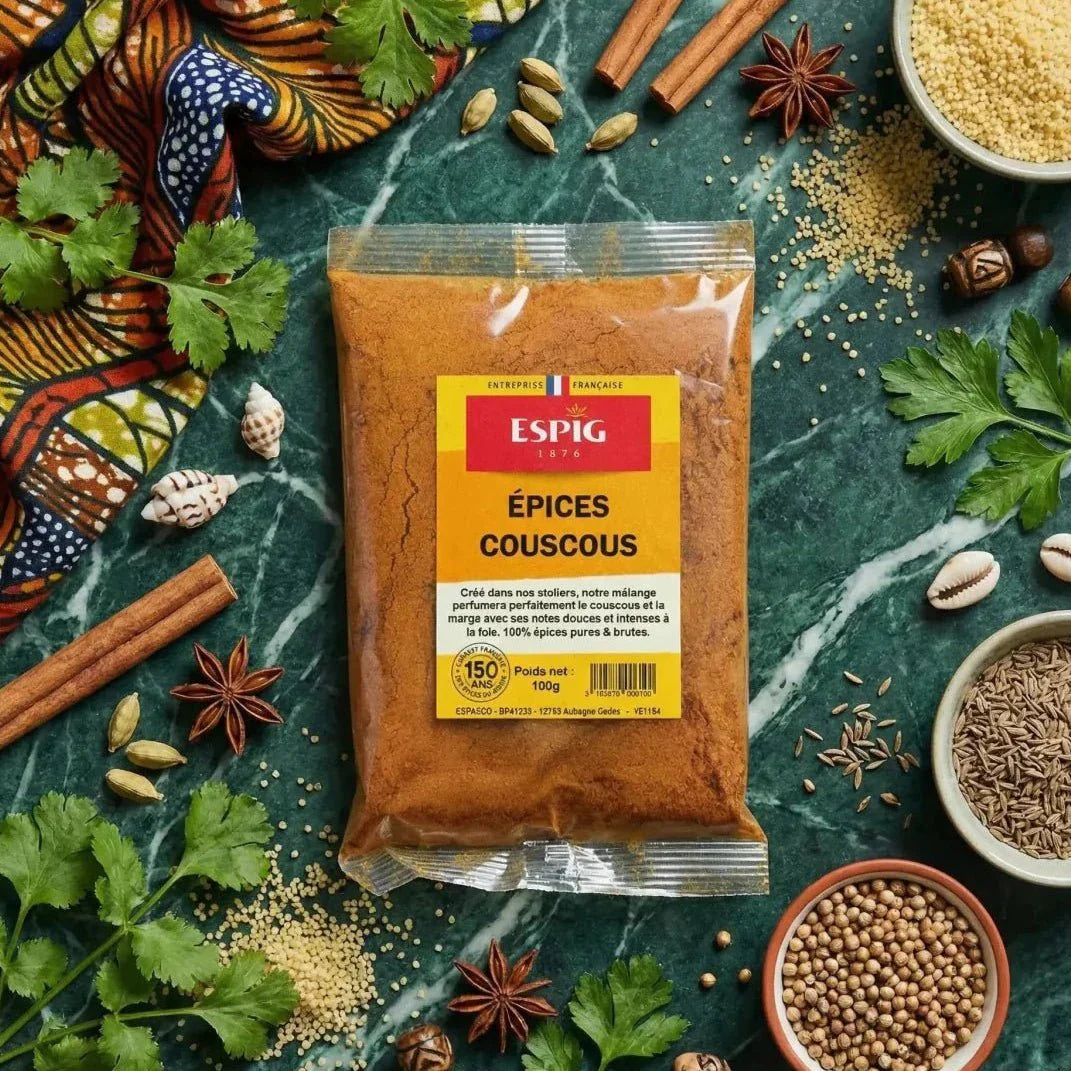 Sachet d'Épices Couscous ESPIG sur un fond vert avec des épices, herbes et décorations variées.