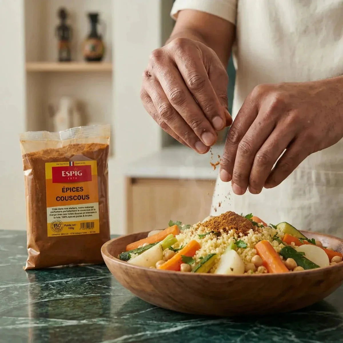 Préparation d'un couscous avec les épices ESPIG.