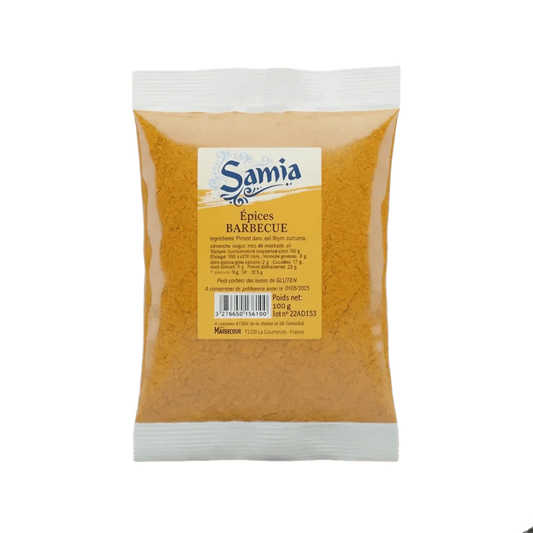 Paquet d'épices pour barbecue SAMIA, emballage transparent laissant apparaître la poudre d'épices.