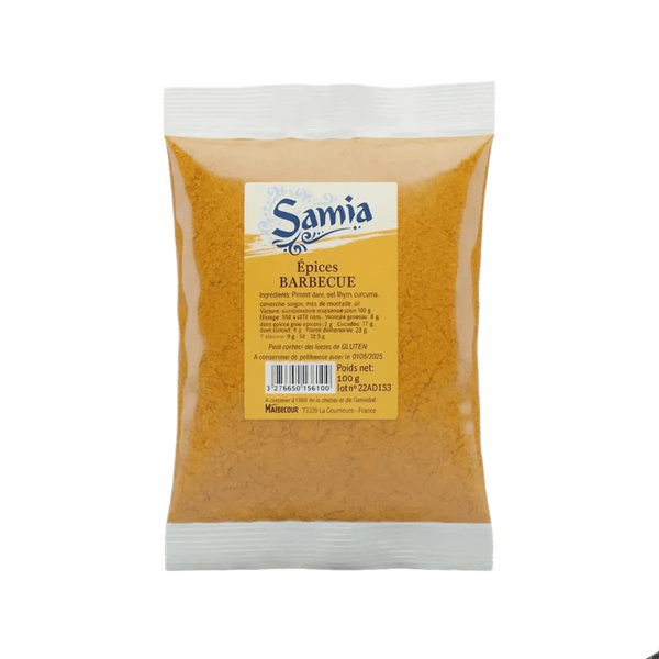 Paquet d'épices pour barbecue SAMIA, emballage transparent laissant apparaître la poudre d'épices.