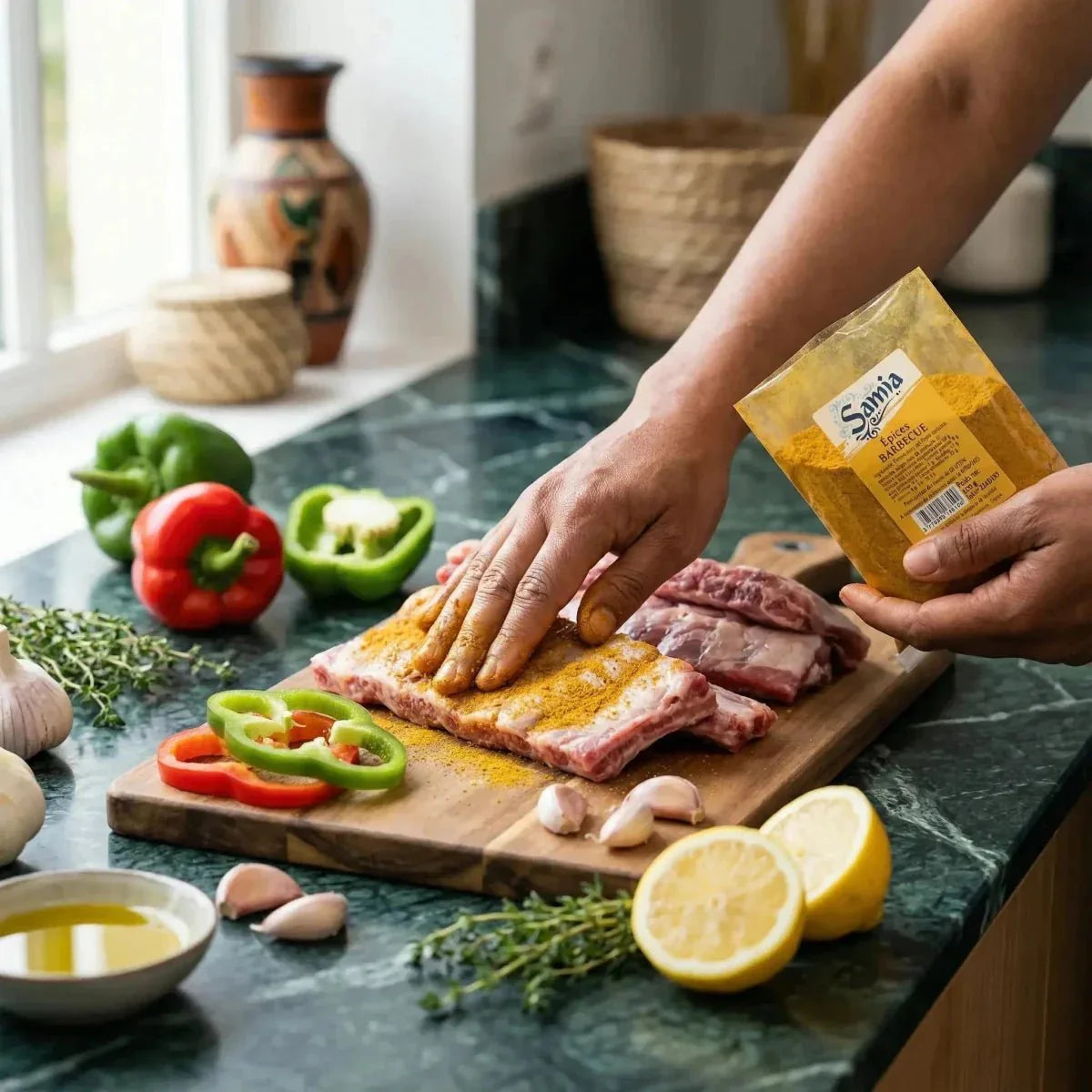 SAMIA barbecue spices on pork ribs. Culinary preparation with peppers, lemon, garlic.