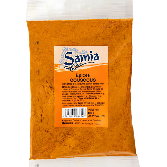 Épices Couscous Samia - Mélange Aromatique en sachet de 100g, parfait pour relever vos plats traditionnels avec chaleur et saveur.