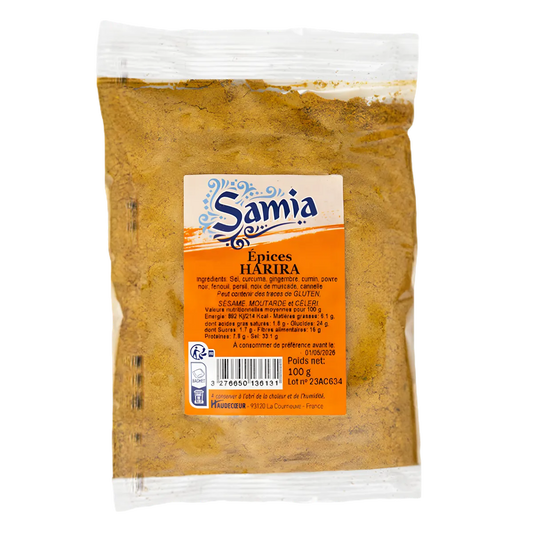 Epices pour harira SAMIA - Mélange Aromatique Parfait en sachet de 100g, idéal pour relever la soupe traditionnelle marocaine. Épicerie salée authentique.