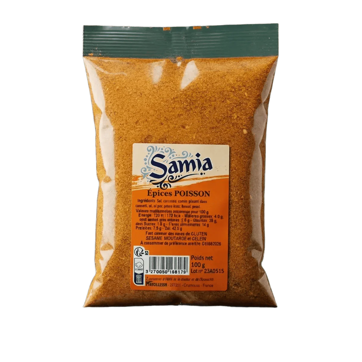 Bolsa de especias para pescado SAMIA (100g). El embalaje, naranja y marrón, destaca sobre un fondo verde oscuro uniforme.
