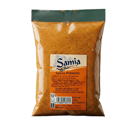 Bolsa de especias para pescado SAMIA (100g). El embalaje, naranja y marrón, destaca sobre un fondo verde oscuro uniforme.
