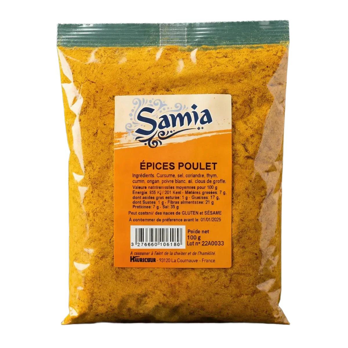 Sachet d'épices pour poulet SAMIA, emballage jaune et transparent sur fond noir.