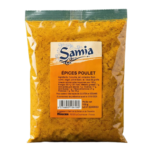 Sachet d'épices pour poulet SAMIA, emballage jaune et transparent sur fond noir.