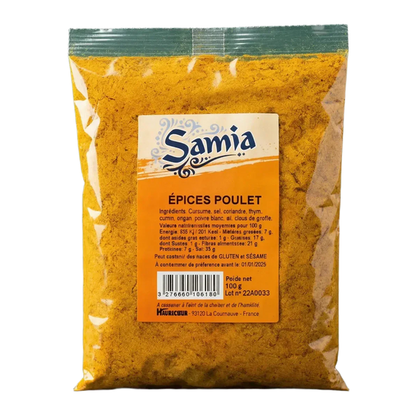 Packet of SAMIA chicken spices, yellow and transparent packaging on a black background.