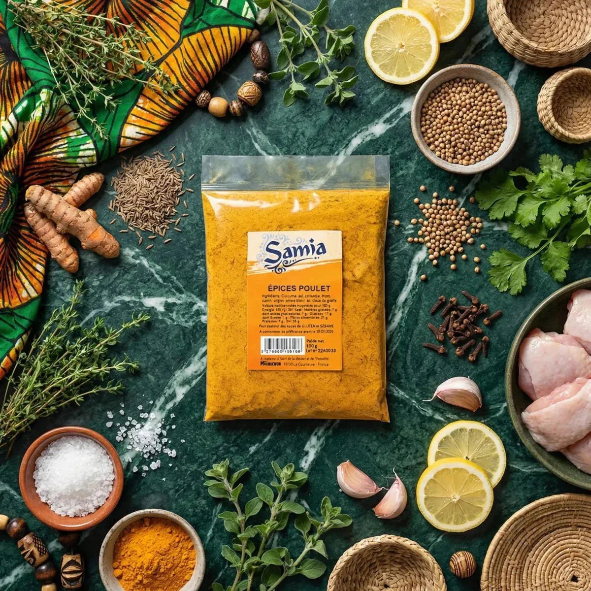 SAMIA chicken spices. Top view of ingredients: spices, aromatic herbs, lemon.