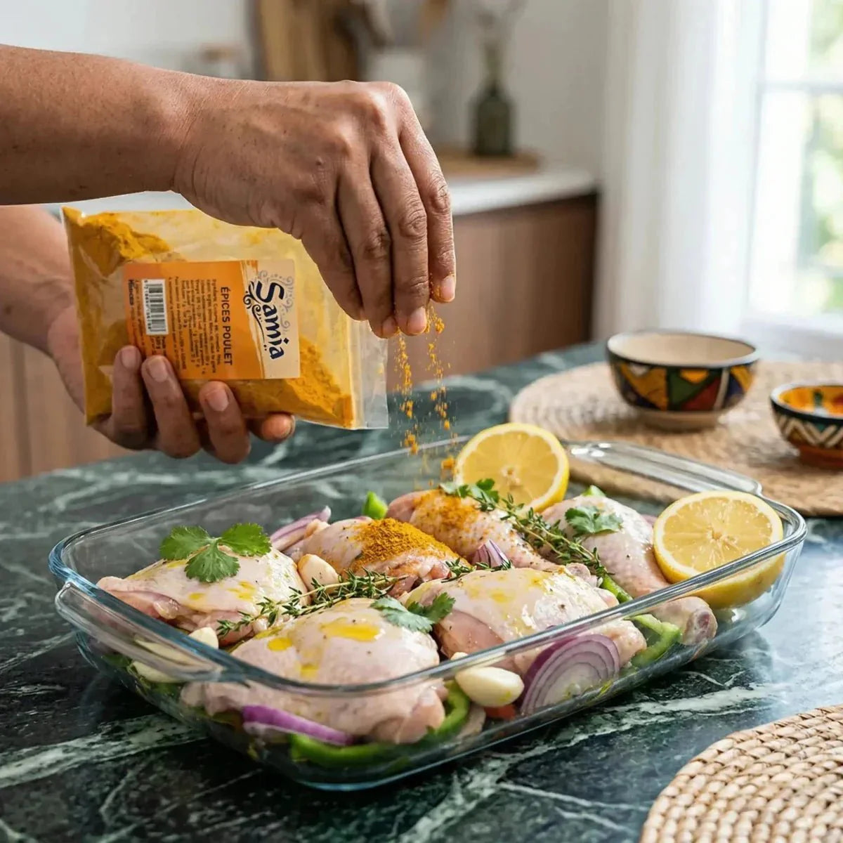 SAMIA chicken spices. Preparation of a raw chicken dish with lemon, herbs, and spices.